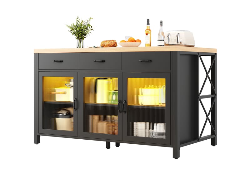  Îlot de cuisine 3 tiroirs et 3 portes vitrées led noir et naturel 150x80x90 cm N620DT260309S - Conforama B