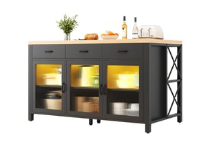 Îlot de cuisine 3 tiroirs et 3 portes vitrées led noir et naturel 150x80x90 cm