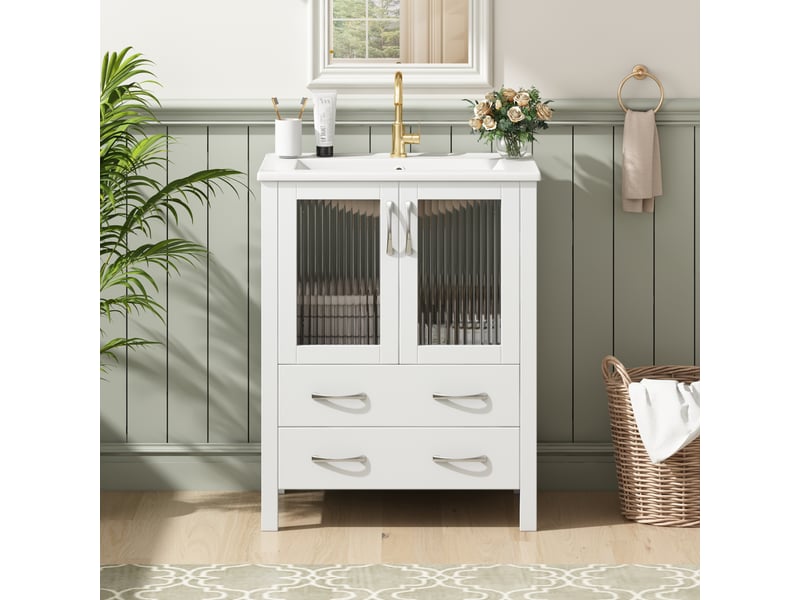  Meuble sous vasque 61 cm, lavabo en céramique, tiroirs - lpospi - portes en verre cannelé mdf blanc 61 × 47 × 86 cm  - Conforama C