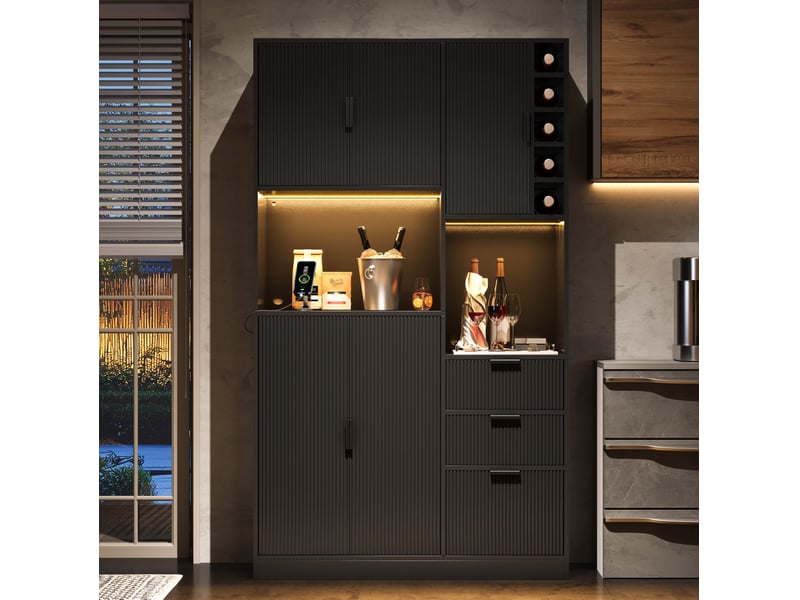  Buffet haut modenvie avec led, prises, 3 tiroirs, range-bouteilles, 105 x 40 x 180 cm, noir  - Conforama E