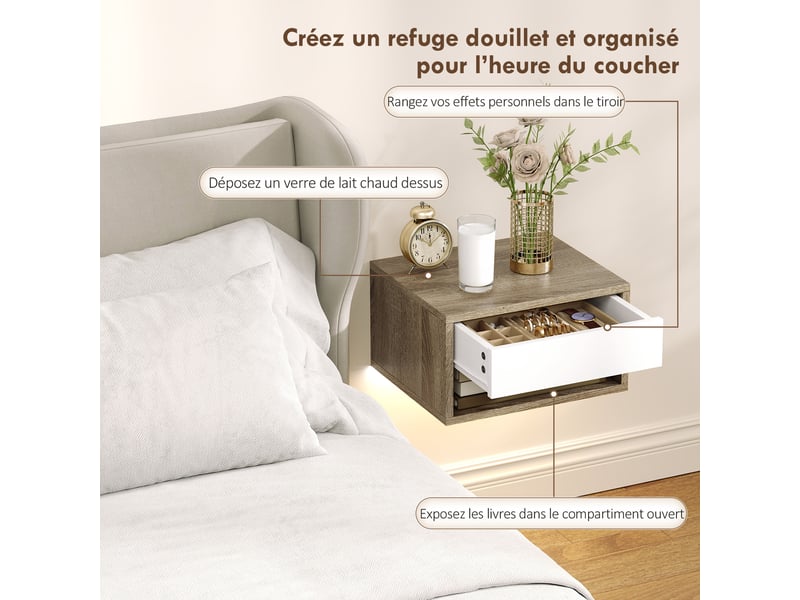  Lot de 2 tables de chevet suspendues avec éclairage led rgb contrôle par application, étagère, tiroir, teck, 37x32x21cm  - Conforama E