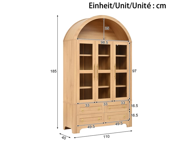 Buffet haut tcqpz 110 x 40 x 185 cm 3 portes vitrées 4 tiroirs niche ouverte mdf panneaux de particules naturel - Conforama D