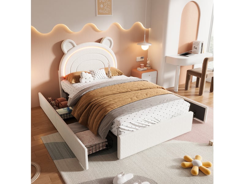  Lit enfant 90x200 cm avec 4 tiroirs et led,  en velours beige, sans matelas  - Conforama W