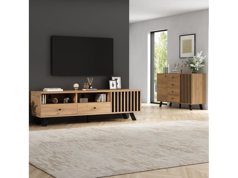  Ensemble meuble tv 150 cm et buffet 120 cm avec rangements, bois naturel et noir  - Conforama B