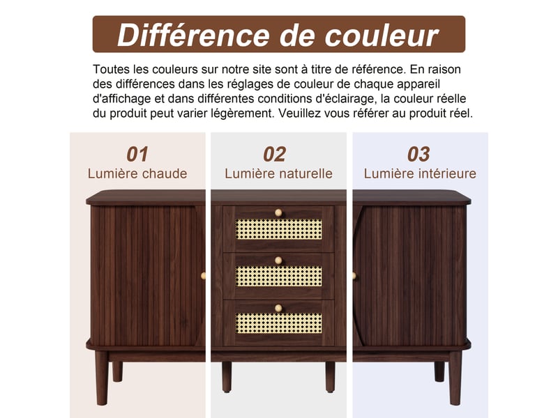 Buffet avec portes coulissantes et étagères réglables - lpospi - 3 tiroirs en rotin mdf noyer naturel 141 × 40 × 77 cm - Conforama E