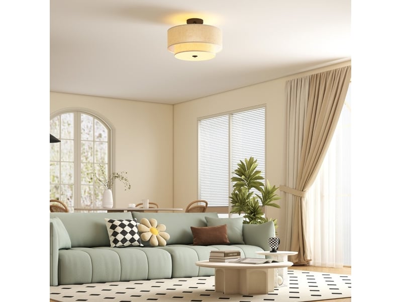  Plafonnier à double abat-jour aspect lin crème 40x40x26 cm, 3 ampoules e14  - Conforama B