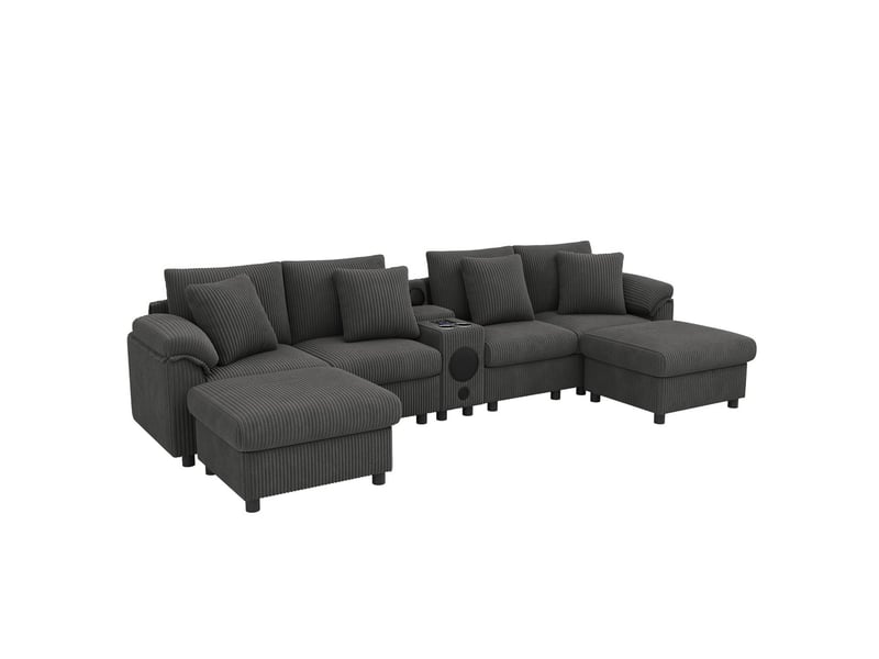 Canapé modulaire en u et l en velours côtelé avec haut-parleur bluetooth, charge sans fil, usb, rangement, gris - Conforama D