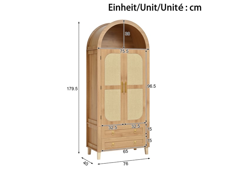 Buffet haut naturel 2 portes 2 tiroirs avec led intégrée, niche voûtée et décor rotin, 76 x 40 x 179,5 cm pour salon, chambre ou bureau - Conforama C