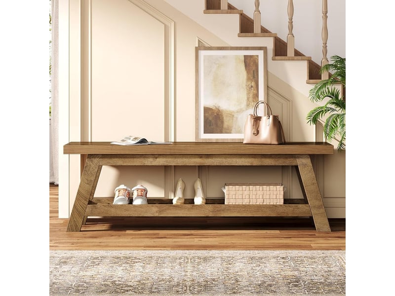  Banc à chaussures, 140 x 35 x 45 cm, banc de rangement à 2 niveaux, meuble d’entrée, organisateur à chaussures pour entrée, salle de bain, chambre, style ferme, marron rustique  - Conforama E
