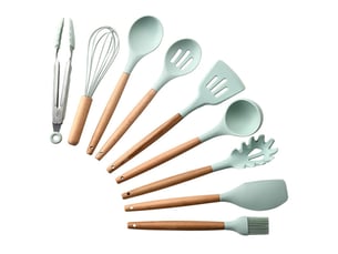 Ensemble de 9 ustensiles de cuisine en silicone vert frais, sans seau, adapté aux poêles antiadhésives