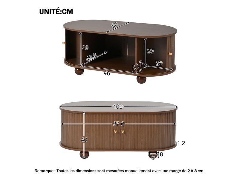  Table basse ovale avec porte coulissante et espace de rangement, 4 pieds, en mdf, noyer, 100×50×40 cm - uvrion  - Conforama E