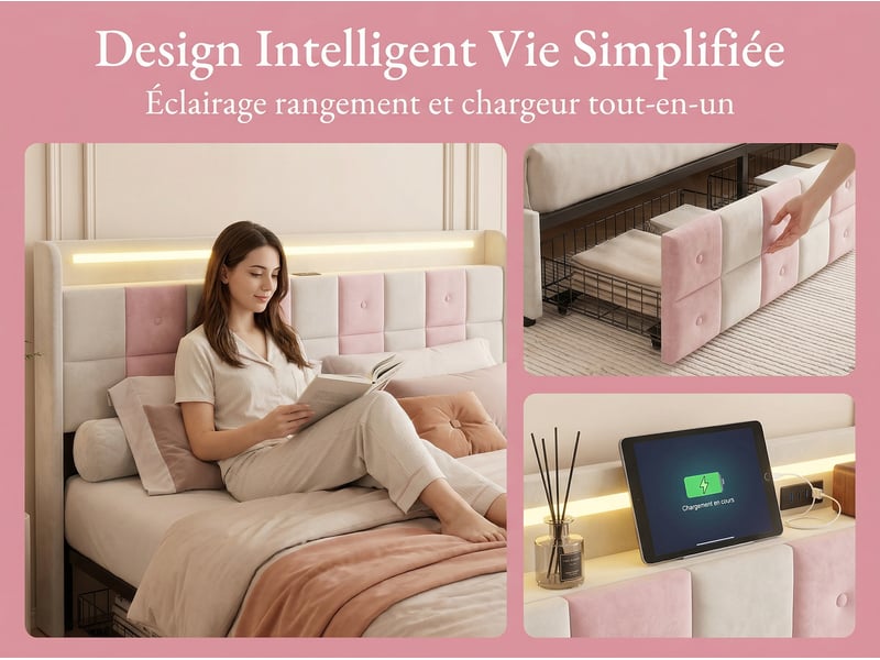  Lit 2 places 140 x 200 cm - avec tiroirs de rangement - éclairage led intégré - port usb - velours  - Conforama D