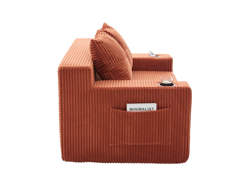 Canapé droit moderne orange en velours côtelé avec coussins et rangement latéral intégré pour salon contemporain - Conforama D