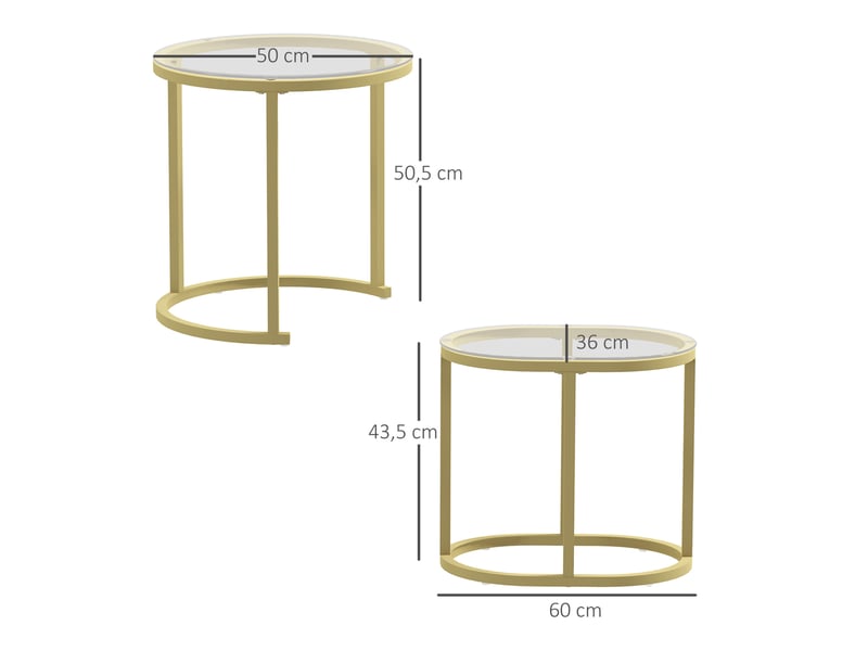 Tables basses gigognes lot de 2 avec plateaux en verre trempé et pieds réglables, en acier doré pour salon et chambre - Conforama C