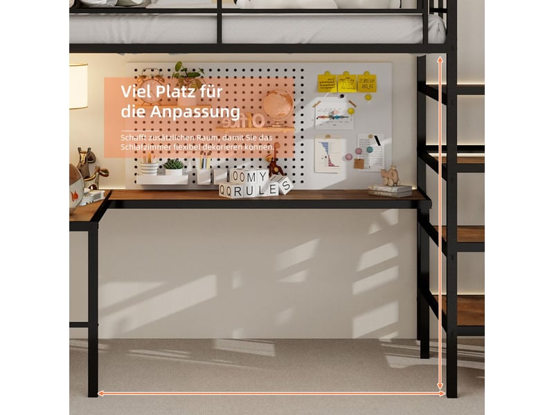  Lit mezzanine 100x200, robuste avec bureau, garde-corps sécurité renforcée, escalier rangements  - Conforama E