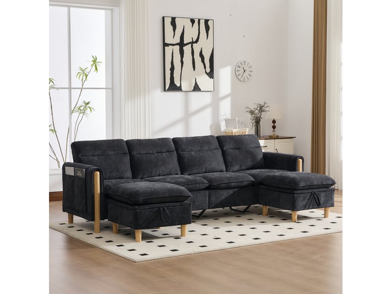 Canapé droit 4 pl 261x77x86 cm poches latérales et pieds en bois, 2 poufs de rangement, tissu chenille noir, pour le salon - Conforama D