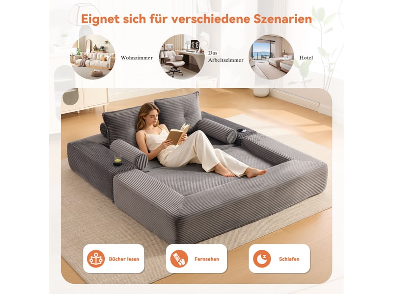  Canapé droit convertible 2 places en velours côtelé gris foncé 180x98x80 cm, poches, porte-gobelet, salon séjour 180x98x80cm - Conforama W