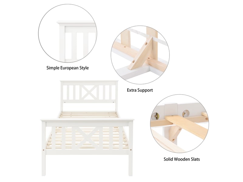 Lit enfant 90x200 blanc en pin massif avec sommier à lattes et tête de lit design en x, cadre robuste pour adolescent - Conforama W