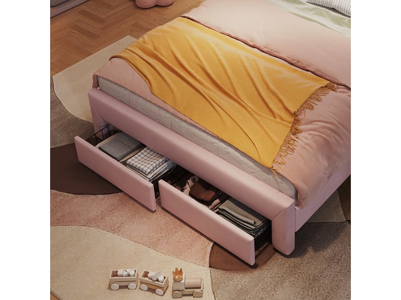 Lit enfant rembourré 140 x 200 cm, 2 tiroirs en pied de lit, tête de lit ondulée, niche de chevet, éclairage led, coloris rose - Conforama E