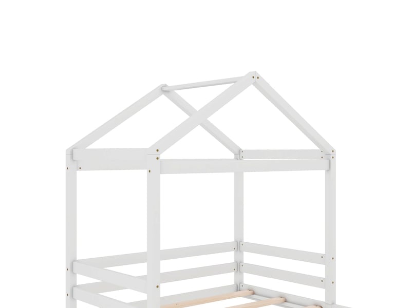  Lit cabane enfant 140x200 -  style minimaliste - lit enfant - bois de pin massif blanc, forme maison, sommier inclus - blanc  - Conforama D
