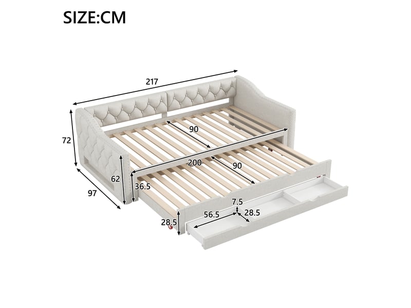  Lit enfant 90x200cm, style minimaliste, lit gigogne, avec éclairage led 7 couleurs, 3 tiroirs, lin beige, sans matelas  - Conforama C
