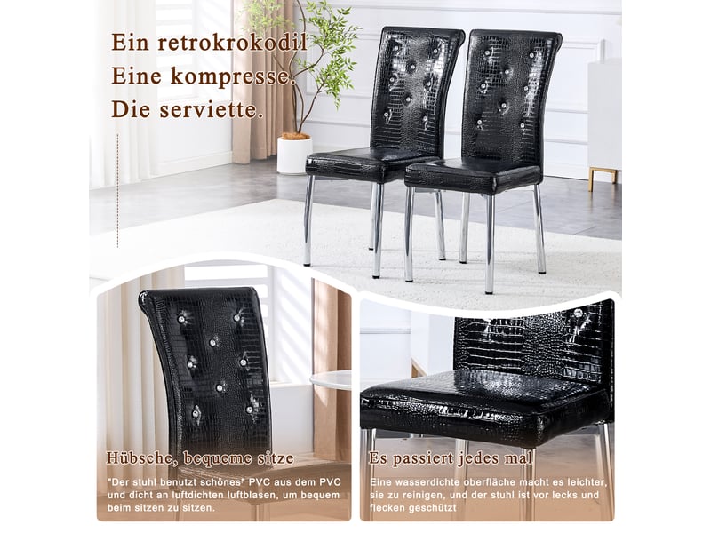  Chaise de salle à manger lot de 2 rembourrée à boutons cristal  - pieds métal pvc noir  - Conforama E