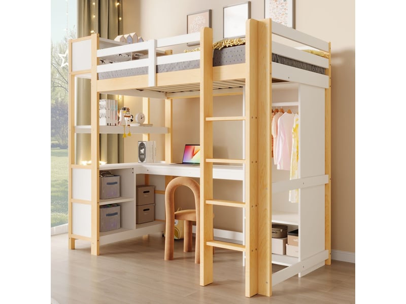  Lit mezzanine avec bureau 90 x 200 cm bureau lit 1 place étagères plusieurs compartiments meuble coloris naturel  - Conforama A