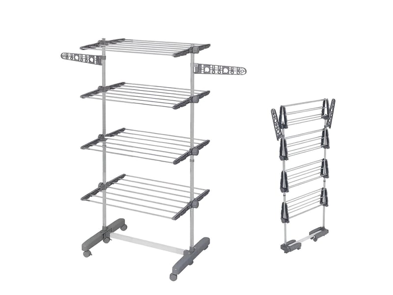 Étendoir à linge pliable à 4 niveaux sur roulettes en acier inoxydable et abs gris - Conforama A