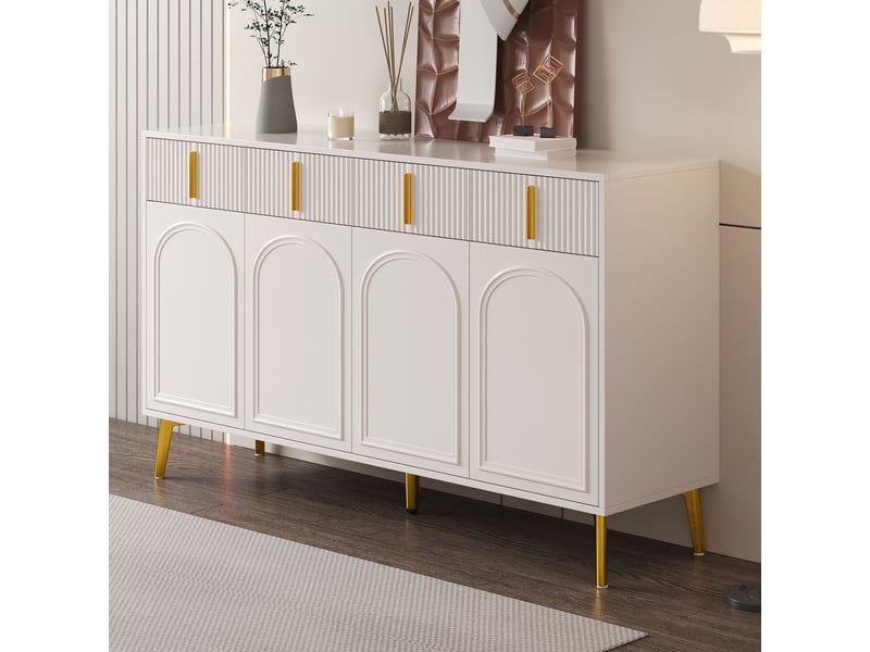  Buffet 140x37,8x82 cm – 4 portes, 4 tiroirs – plateau amovible – pieds métal doré – meuble de rangement  - Conforama D
