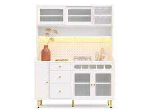 Buffet haut 145x39x171 cm blanc en mdf et verre, led, 3 étagères réglables pour cuisine et salon
