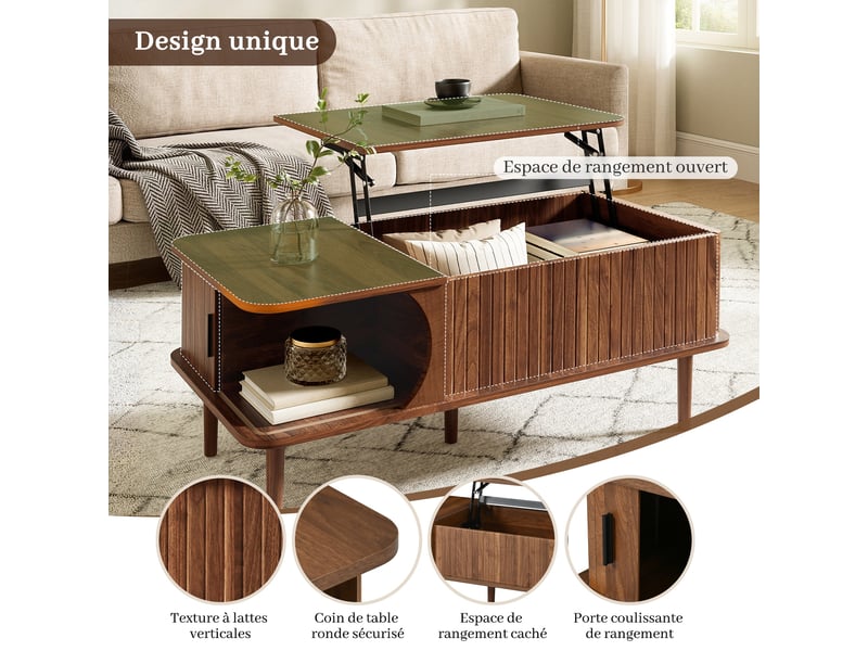  Table basse relevable effet bois noyer style rétro 100x48x55,5cm  - Conforama D