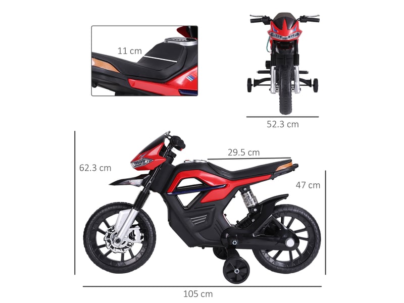  Moto électrique 6v pour enfants avec stabilisateurs, phares et musique, en pp et métal, 105 x 52,3 x 62,3 cm, rouge  - Conforama E