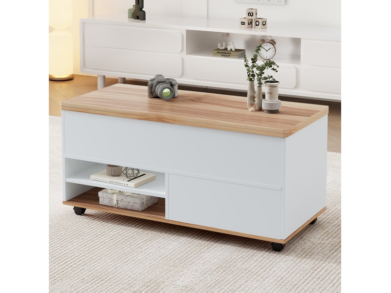  Table basse relevable 100 x 98 x 65 cm avec rangement, roulettes, blanc et bois  - Conforama E