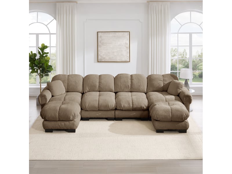 Canapé modulable en u modenvie 4 places en chenille marron avec 2 poufs mobiles 330 x 149 x 90 cm - Conforama E