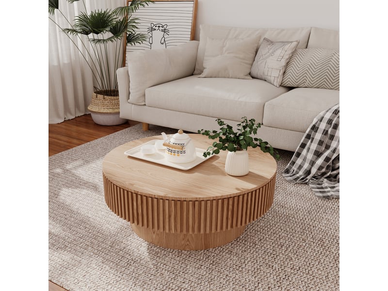  Table basse ronde 75 cm bois naturel placage bois massif mdf rangement intégré design moderne pour salon chambre bureau evarich - Conforama B