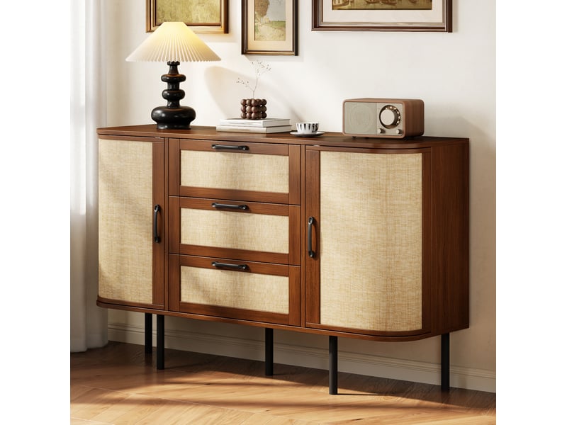  Buffet et enfilade 2 portes, 3 tiroirs, étagères réglables, finition noyer, pour salle à manger, 120 × 40 × 82 cm  - Conforama E