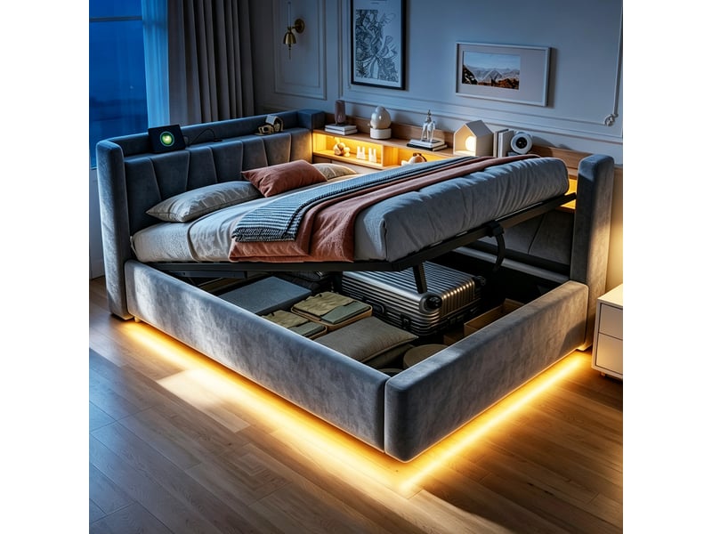 Canapé-lit 140x200 cm, lit enfant et ado, lit banquette velours avec coffre hydraulique, led, usb, dossier avec rangements, accoudoir, gris moderne - Conforama B
