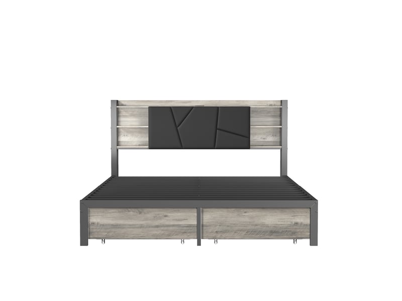  Lit double 160x200 cm avec éclairage led - tiroirs de rangement et cadre métallique avec tête en bois - noir  - Conforama D