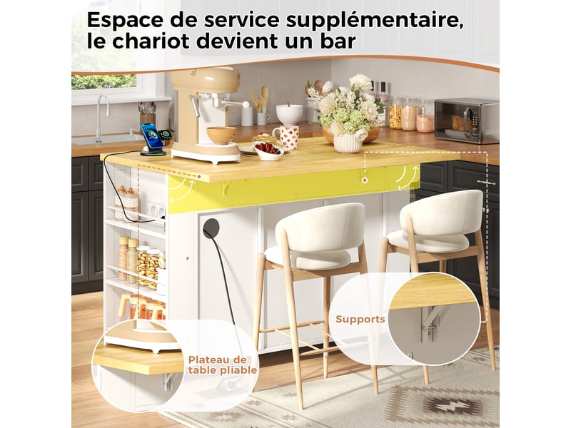 Îlot de cuisine 130x5080x87cm avec 3 tiroirs, porte coulissantes et prises usb, rangement, mdf, blanc et bois - Conforama E