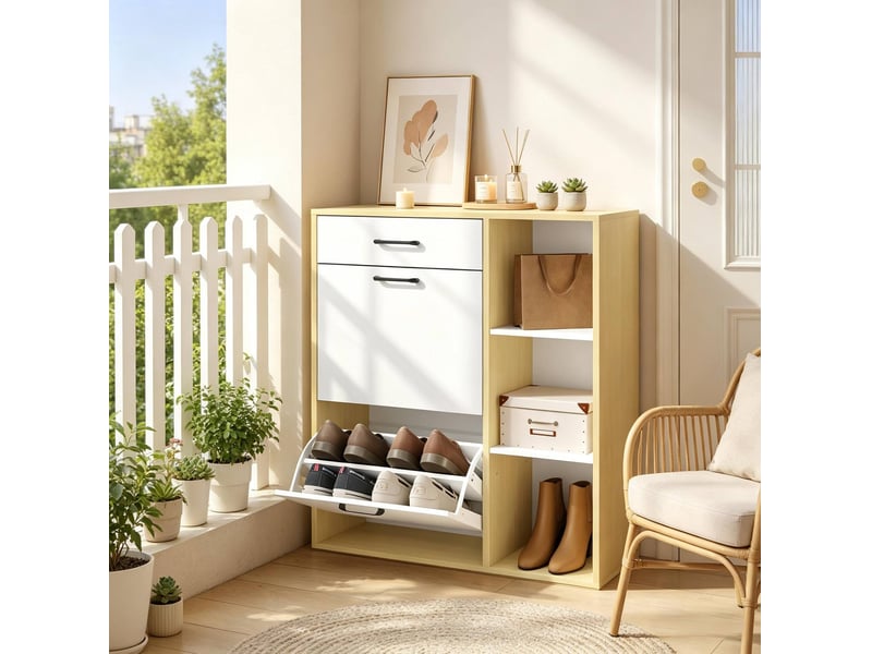  Meuble à chaussures blanc 80x90x30 cm avec 2 abattants et 1 tiroir  - Conforama C