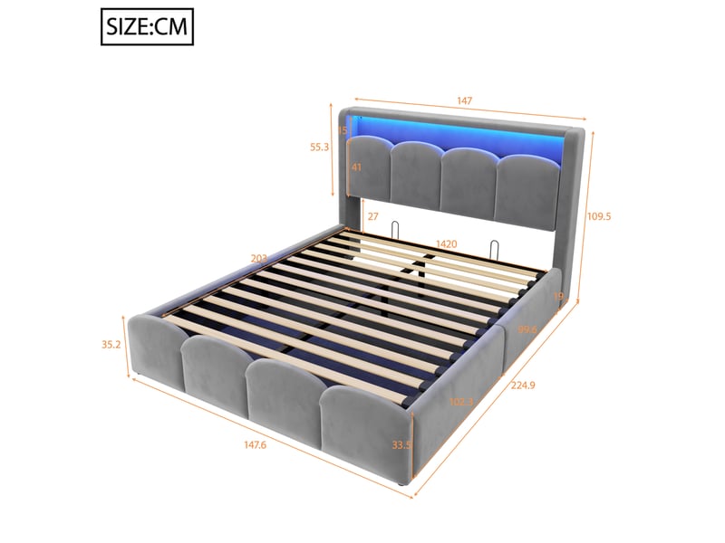  Lit double 140 × 200 cm avec coffre hydraulique, rangement en tête de lit, led et ports usb pour chambre  - Conforama C