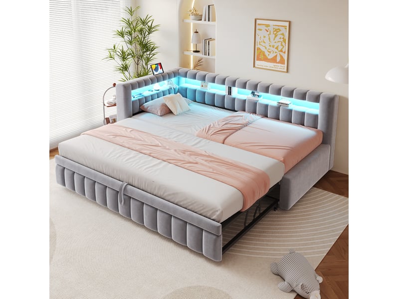  Lit gigogne 90x200 cm avec éclairage led et ports usb et type c, en velours gris clair  - Conforama C