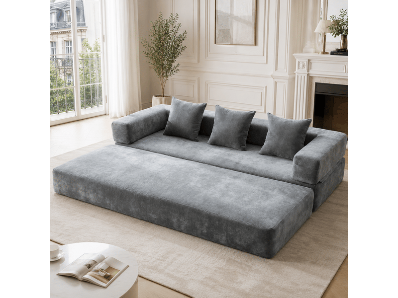  Canapé-lit convertible compressée modulable 3 places,198x79x60cm,avec poches latérales et base anti-glisse,chenille,gris foncé  - Conforama B