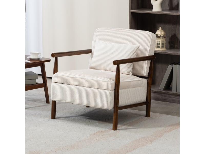  Fauteuil simple 80x61x71.9 cm, assise avec rangement, structure en bois, tissu velours, canapé 1 place, blanc et brun  - Conforama B