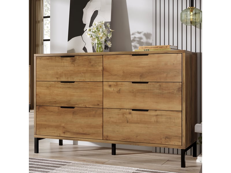  Commode 6 tiroirs - chêne foncé - design industriel - pieds réglables - 120 cm  - Conforama A
