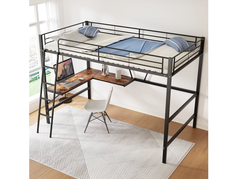  Lit mezzanine 90x200 cm en métal noir avec bureau en l, étagère et sommier à lattes  - Conforama B