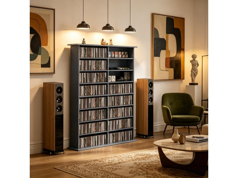 Meuble de rangement cd et dvd 106.5x24x126.3 cm à tablettes réglables en panneaux de particules gris  - Conforama B