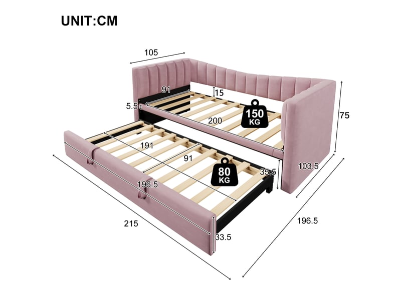  Lit banquette velours rose lit gigogne 90x200 extensible 180x200 cm sans matelas  - Conforama B