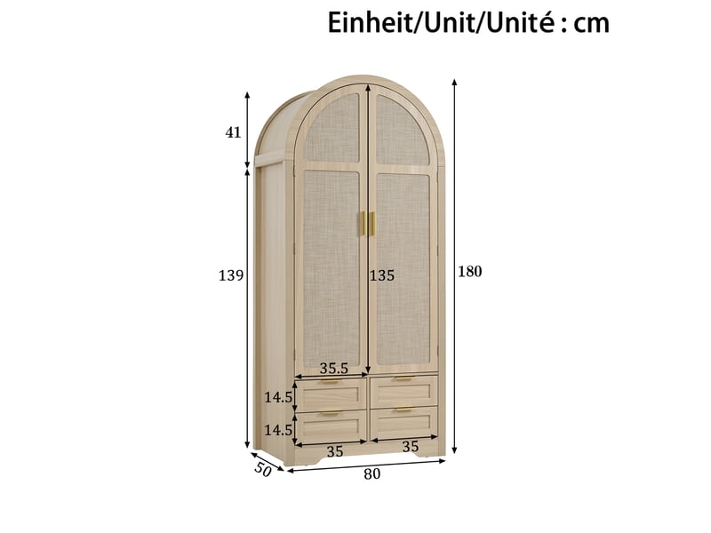  Armoire penderie 80x50x180 cm, portes courbées en rotin, tringle, tiroirs, étagères, grand rangement pour chambre - chêne  - Conforama C