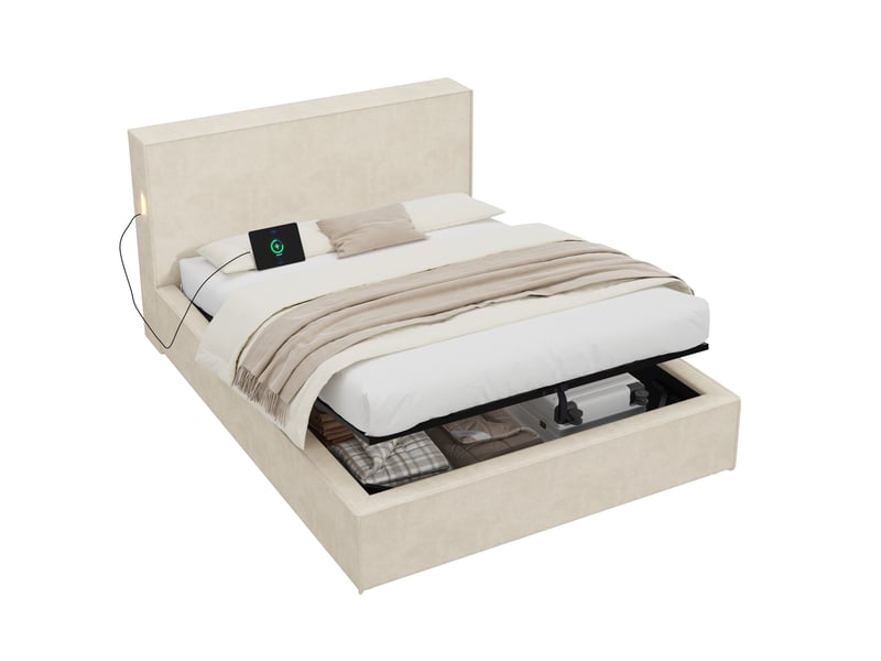  Lit coffre 120 × 200 cm en chenille beige avec tête rembourrée et sommier relevable IKSETERA TRADING LTD - Conforama A